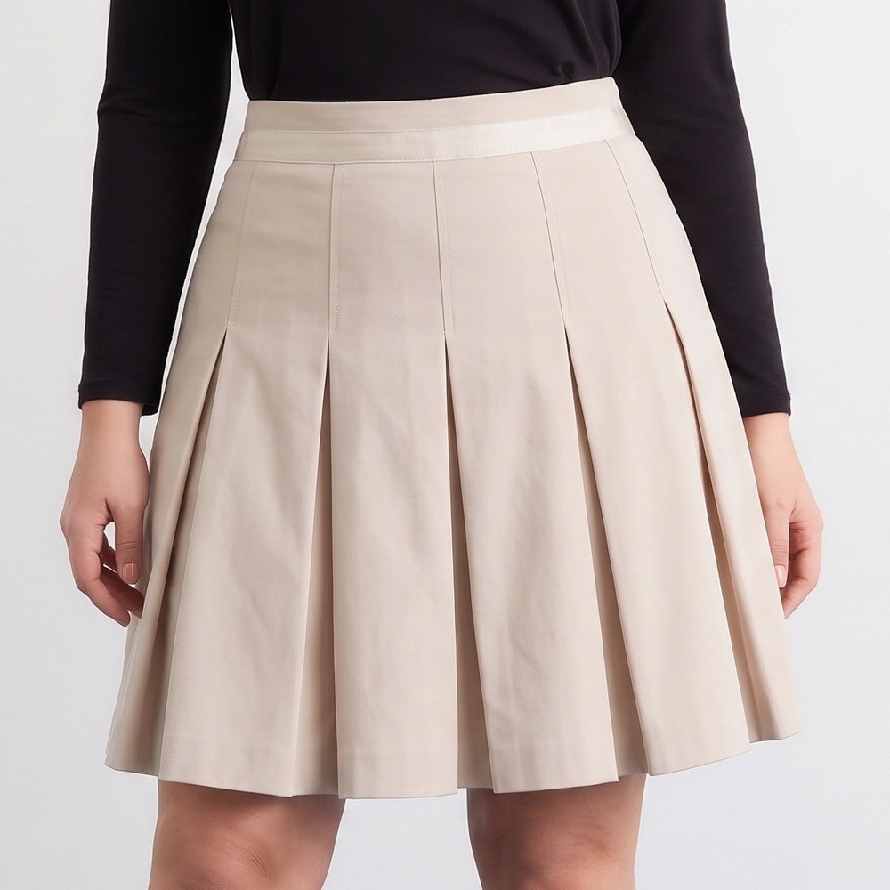 Hillard & Hanson Beige Pleated Knee Length Skirt Size 10 Ribbon Trim Vintage